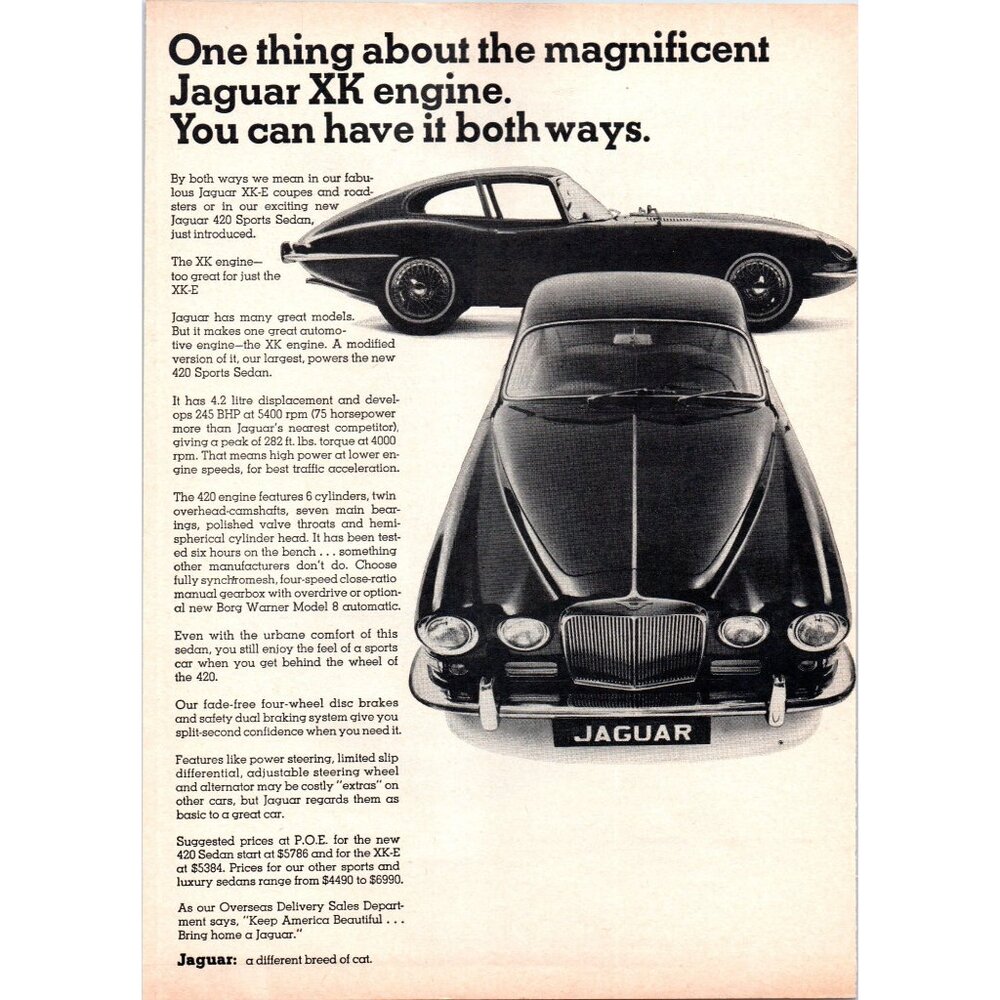 1967 Jag Jaguar XK-E Coupe 420 Sports Sedan Vintage Print Ad Man Cave Wall Art